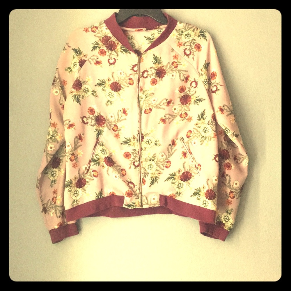 Burgundy lightweight floral jacket.